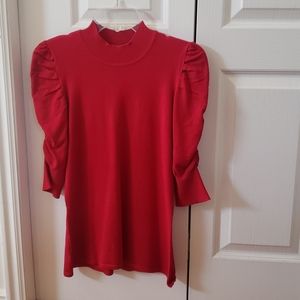 alberto makali red sweater top ruched shoulders